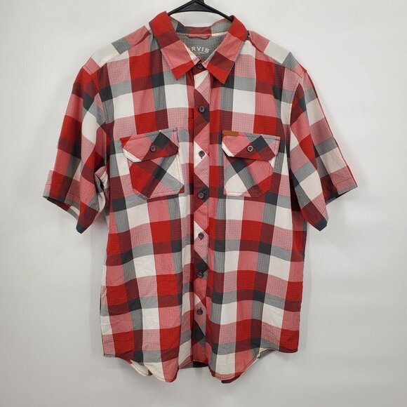 Orvis Plaid Flannel Shirt Short Sleeve Button Down Collar Pockets Mens Large - Picture 1 of 10